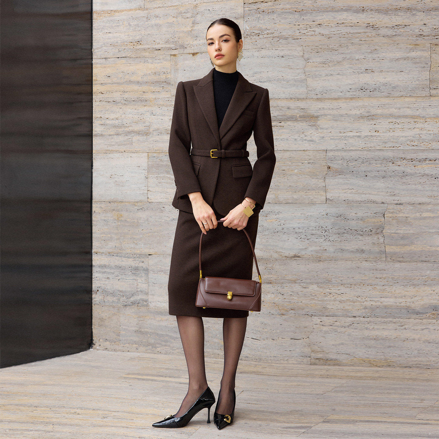 老钱风深咖色西装外套冬季职业装气质女神范高端时尚套装裙两件套