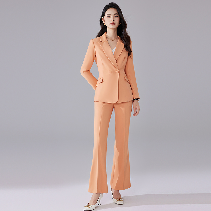 诗璐雅橙色西装套装女秋冬款时尚通勤职业装长袖西服微喇裤两件套