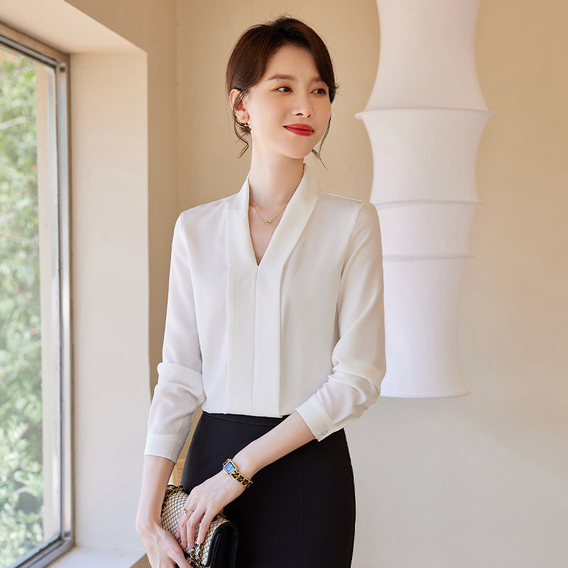 诗璐雅职业白衬衫女长袖春2024新款韩版V领修身通勤女神雪纺上衣