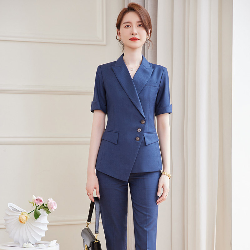 诗璐雅2026夏季牛仔蓝西装正装女职业套装修身短袖西服两件套新款