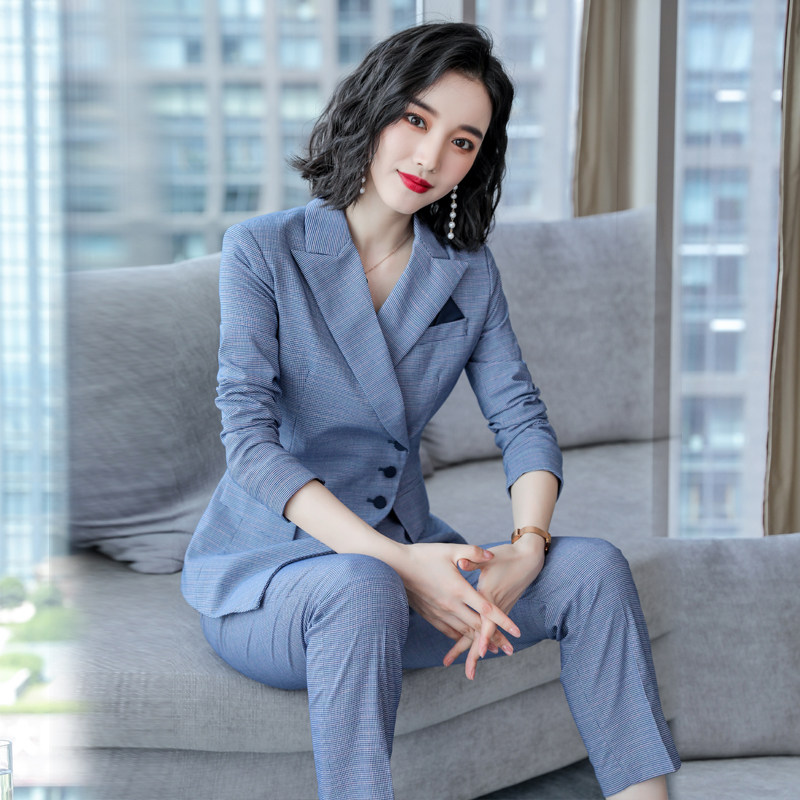 诗璐雅蓝格子西装套装女春秋长袖时尚名媛气质女神范总裁西服裤套