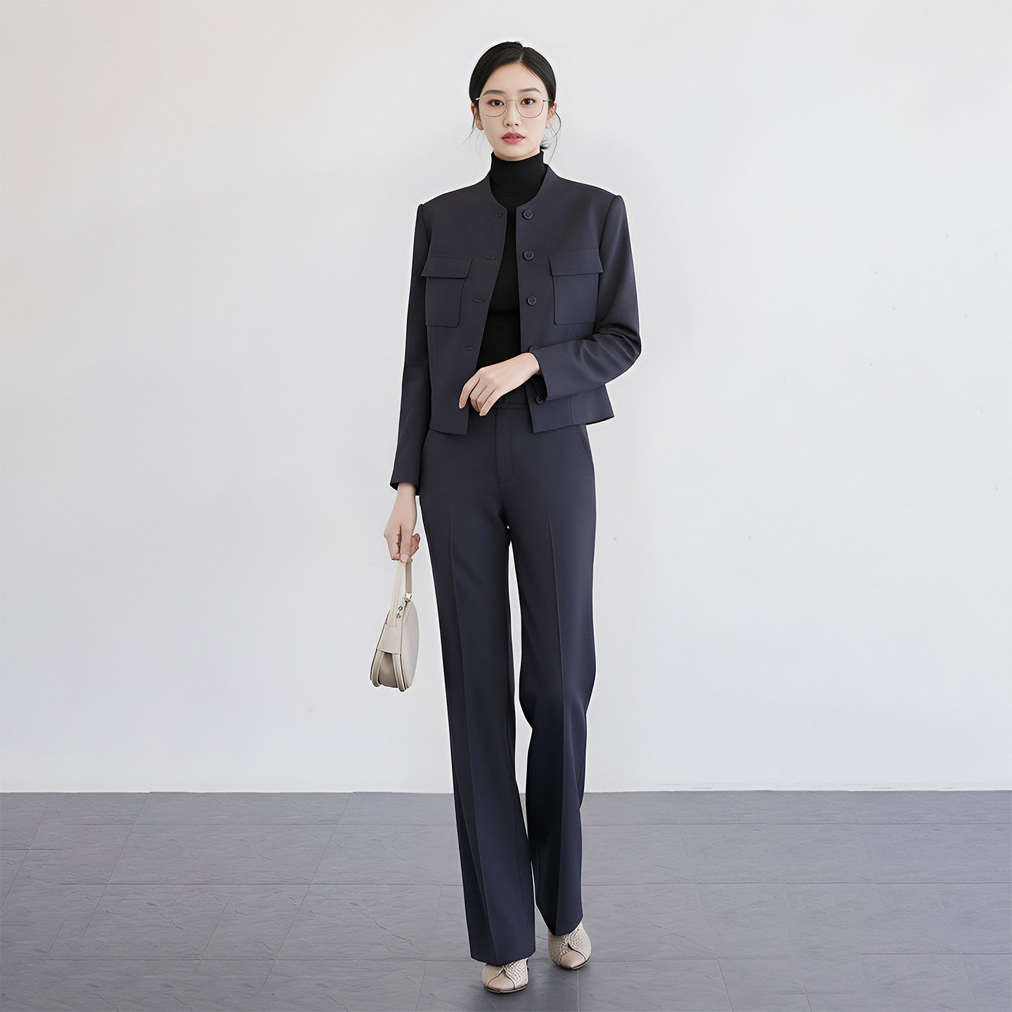 PGI2026新款藏青色西装外套春秋气质女神范职业修身通勤职业套装