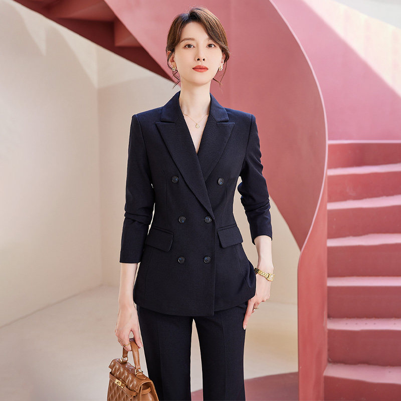 诗璐雅商务正装女长袖西装藏青色双排扣职业套装春秋公考面试西服