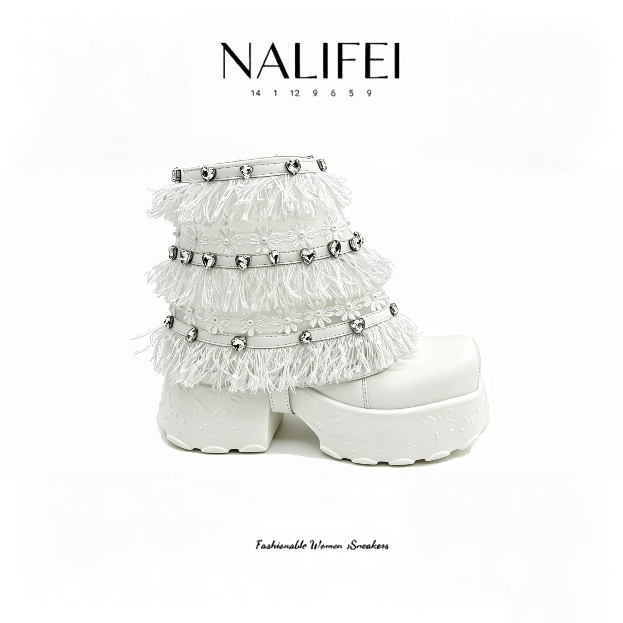 NALIFEI娜莉妃设计师女鞋原创设计珍珠蕾丝花边白色短靴甜美复古