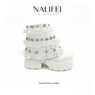 NALIFEI娜莉妃设计师女鞋原创设计珍珠蕾丝花边白色短靴甜美复古