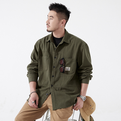 美式复古工装军绿宽松衬衫外套男