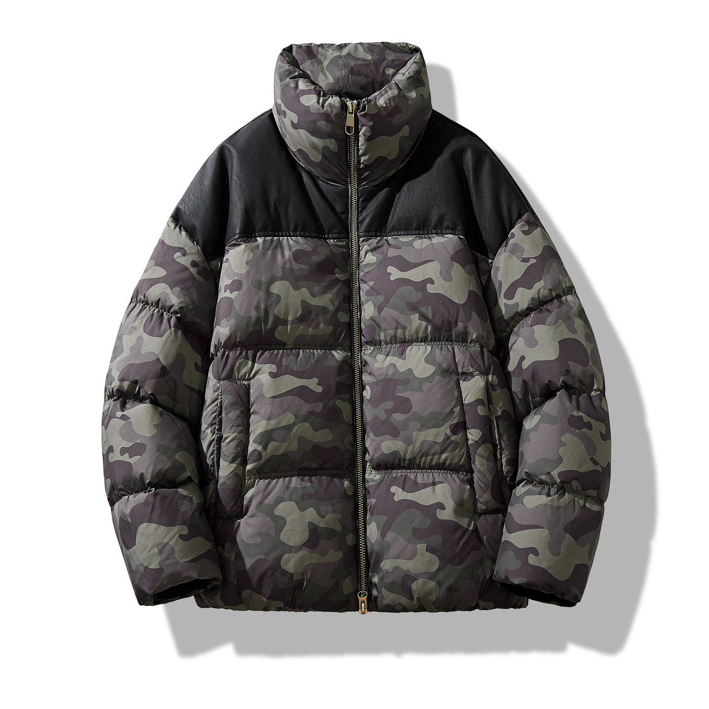 美式迷彩拼接PU皮立领羽绒服男冬季时尚加厚保暖面包服外套潮牌男