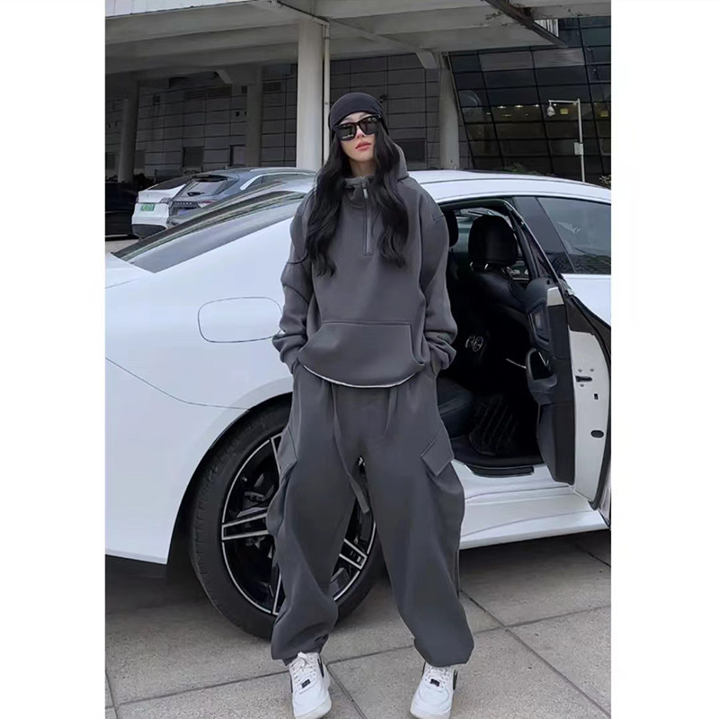 美式秋冬季潮流加厚卫衣男女百搭休闲加绒运动工装卫裤情侣款套装