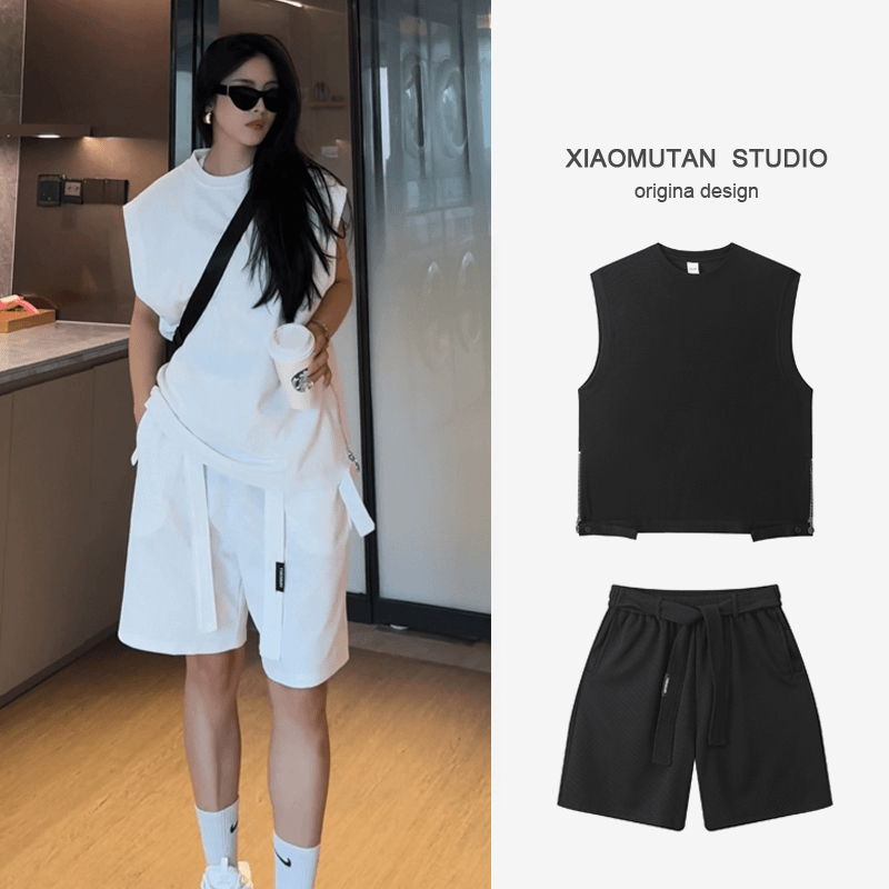 夏季男士纯色休闲运动套装简约时尚宽松百搭无袖背心短裤两件套