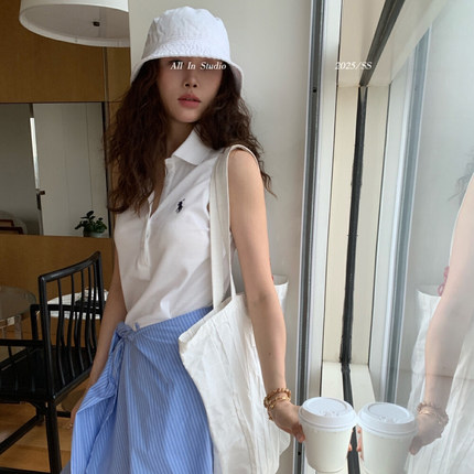 ALL IN 2025夏季新款 老钱风气质Polo领刺绣连衣裙百搭无袖衬衫裙