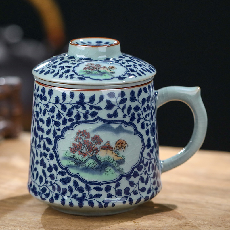 景德镇青花陶瓷泡茶杯茶水分离办公过滤带盖瓷杯子家用老陶泥开片