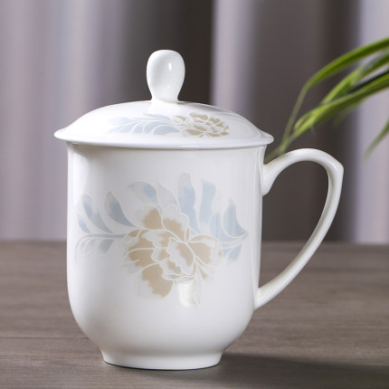 景德镇陶瓷茶杯带盖简约骨瓷办公会议杯家用水杯待客杯个人专用杯