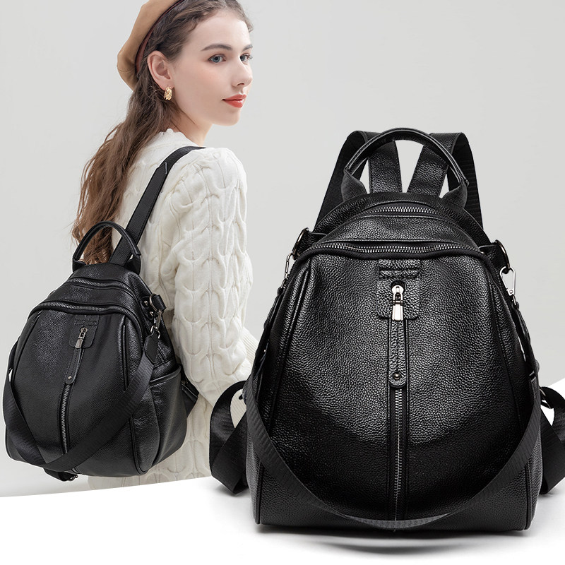 双肩背包女时尚休闲小书包黑色荔枝纹真皮新款百搭简约通勤双肩包