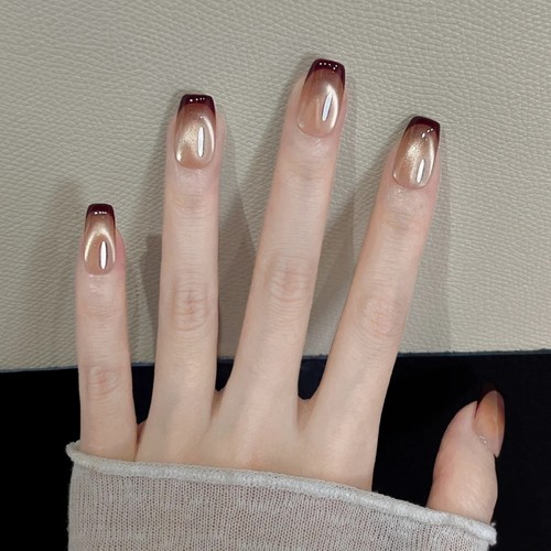 法式美甲手工穿戴甲短款猫眼金咖