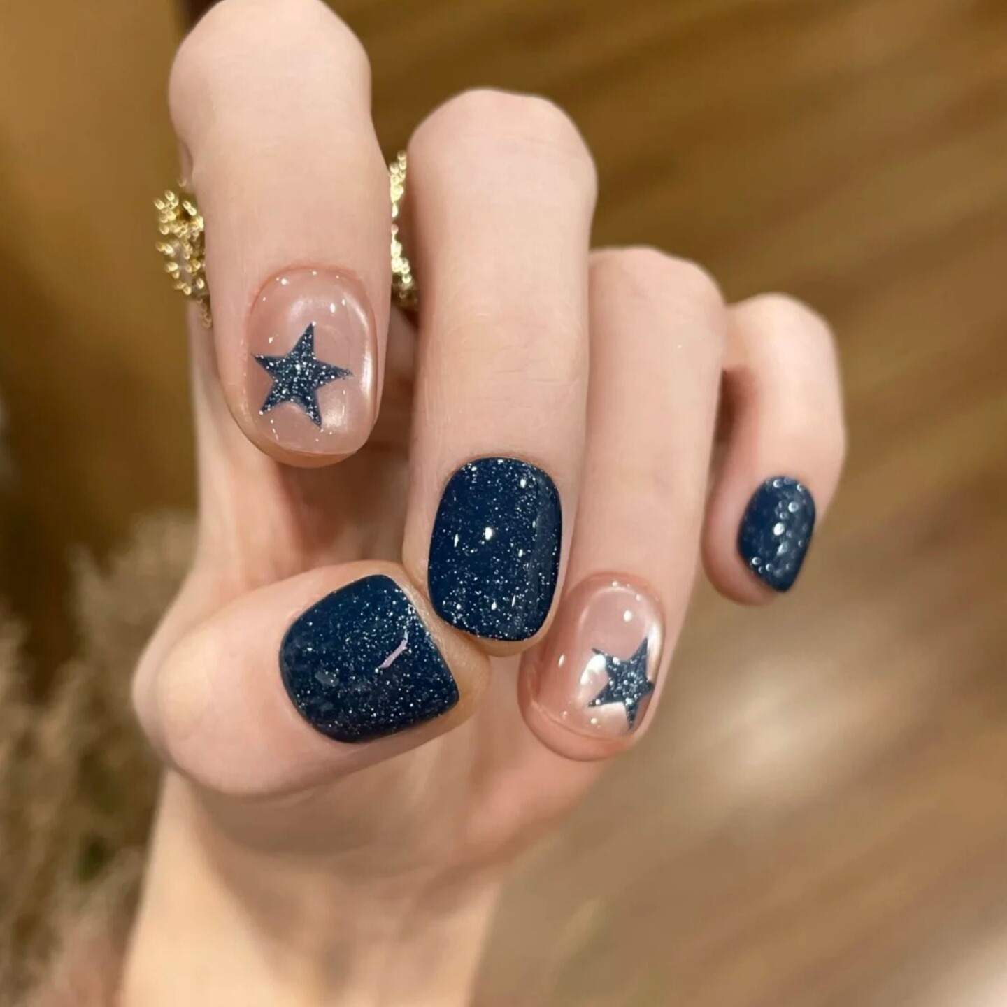 复古碎钻深蓝美甲手工穿戴甲短款