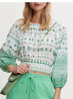 新款女式绣花上衣法系M家MFPTO00772棉麻泡泡袖衬衫显瘦百搭款