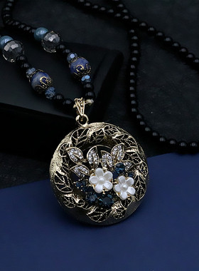 复古镂空花朵吊坠项链女高级感珠子长链新款气质小众衣服挂件配饰