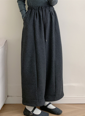 初吾家25冬季新款慵懒风高腰加绒加厚羊毛阔腿裤宽松保暖休闲裤女