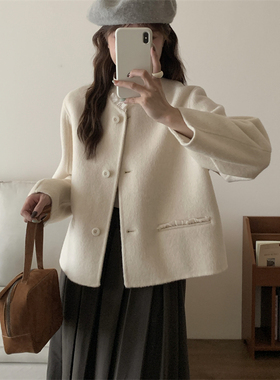 初吾家25冬新款韩系羊毛短款上衣大衣双面呢花边毛呢外套小个子女