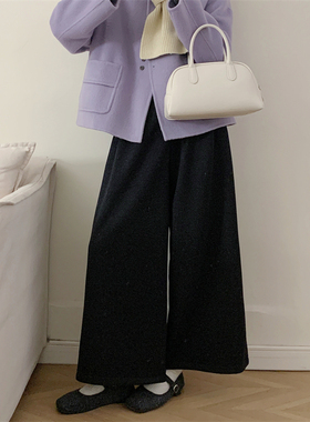 初吾家25冬季新款日系阔腿显瘦毛呢直筒裤女小个子松紧腰休闲裤