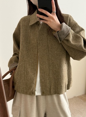 初吾家25秋季新款日系翻领拼接羊毛外套宽松显瘦休闲拉链夹克上衣