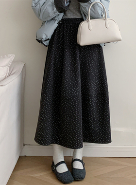 初吾家25冬季新款日系复古碎花毛呢伞裙高腰显瘦中长款A字半身裙