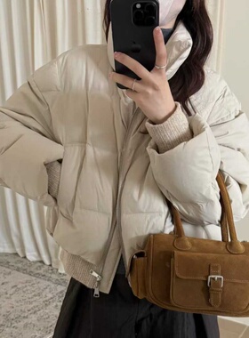 初吾家25冬季新款韩系立领针织拼接羽绒服女气质百搭保暖短款外套