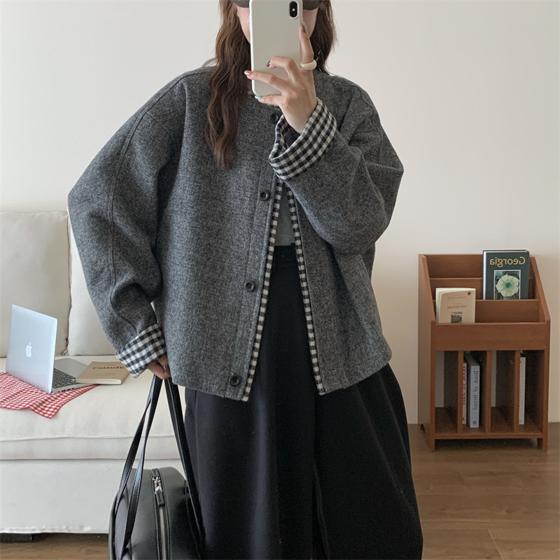 初吾家2025秋季新款日系复古格纹拼接毛呢外套小个子短款上衣女,女装/女士精品,毛呢外套,淘宝优惠券,粉丝福利购,淘宝优惠卷