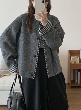 初吾家2025秋季新款日系复古格纹拼接毛呢外套小个子短款上衣女