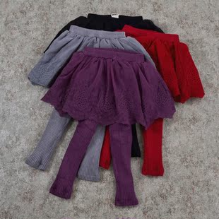 童一密度正品加绒加厚连体裤裙棉线针织保暖打底裤蕾丝提花毛线裤