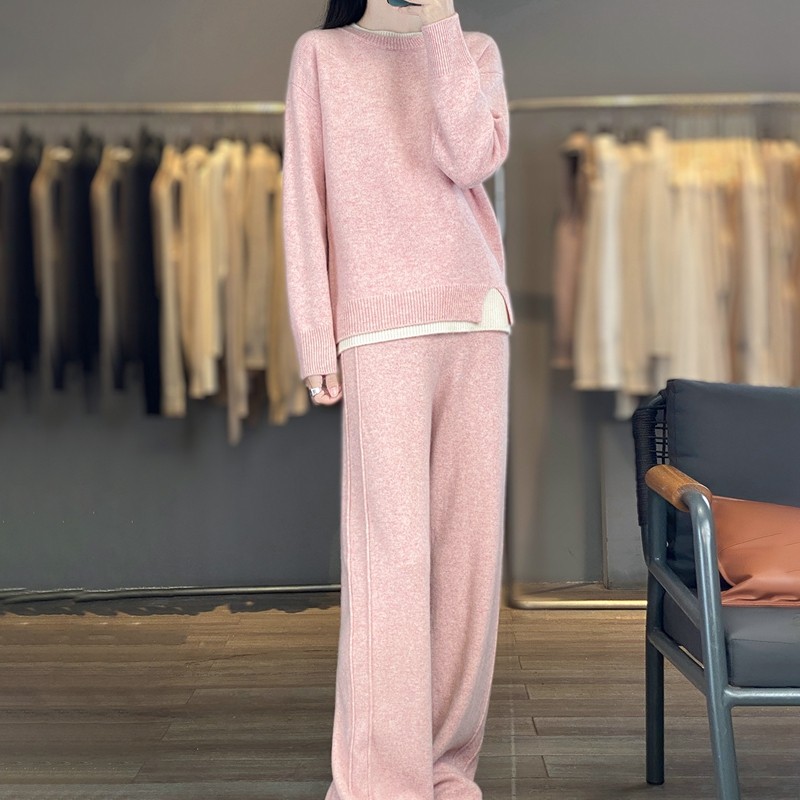 高端圆领纯羊毛套装女冬季新款时尚两件套拼色羊绒针织毛衣阔腿裤