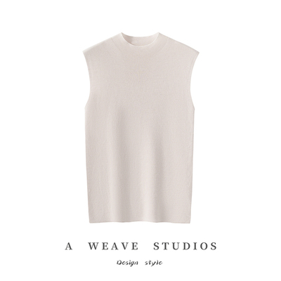 无缝一体成型扬子纱针织背心女士100%精纺羊毛背心半高领无袖坎肩