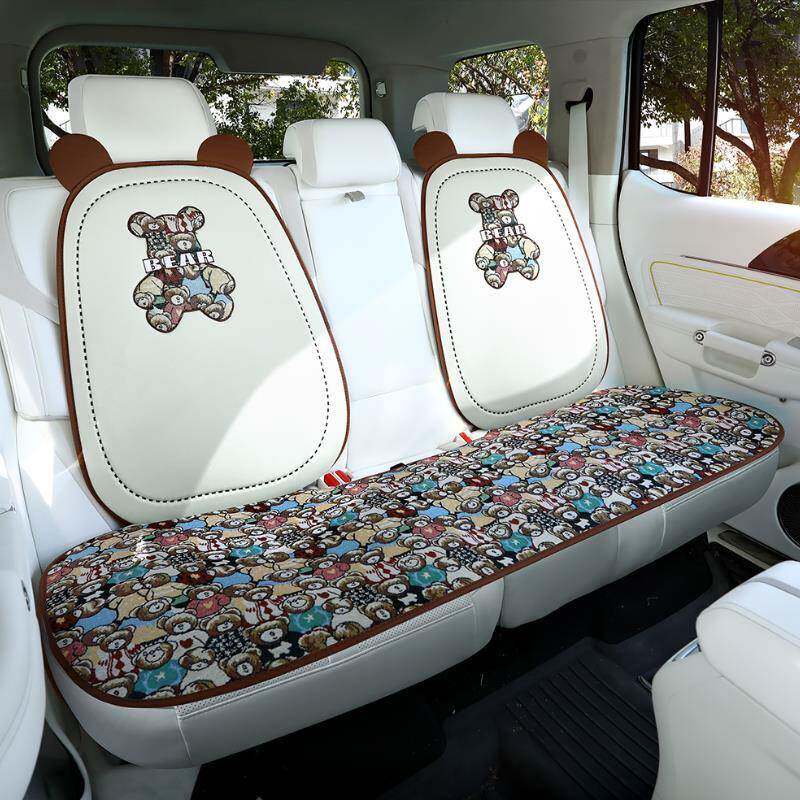 汽车坐垫四季通用女士车内座垫半包亚麻布座椅套冬季毛绒可爱座套