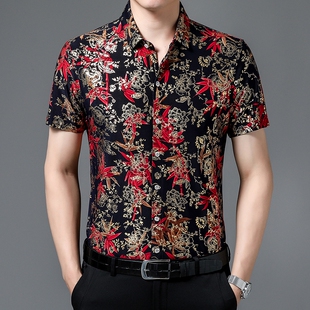 2025新款男士短袖衬衫商务休闲印花潮流烫金花衬衫上衣中青年半袖