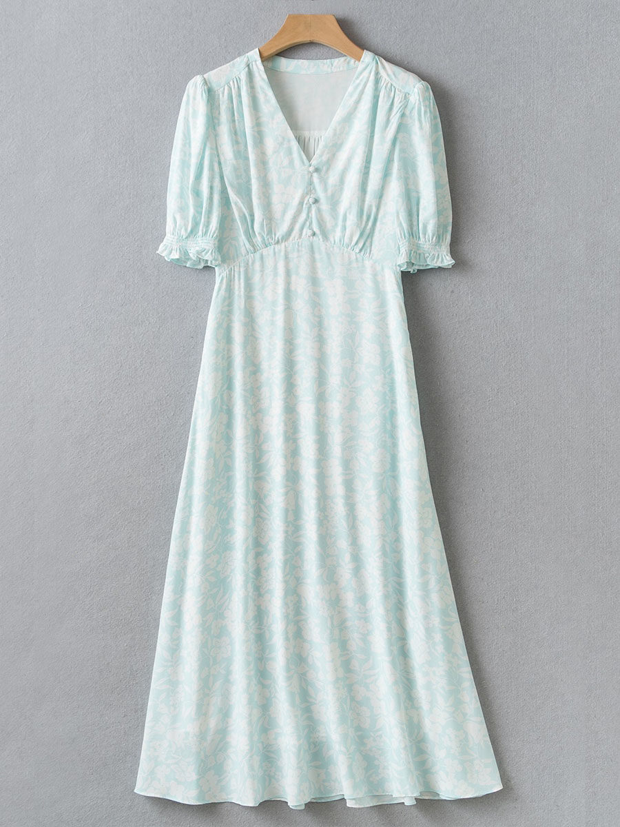 3k的纯尾货 优雅浪漫小女人 小清新泡泡袖高腰v领性感连衣裙春夏