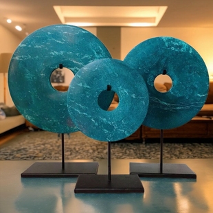 新款简约玉璧支架摆件现代玄关饰品家居摆设配饰平安扣蓝色