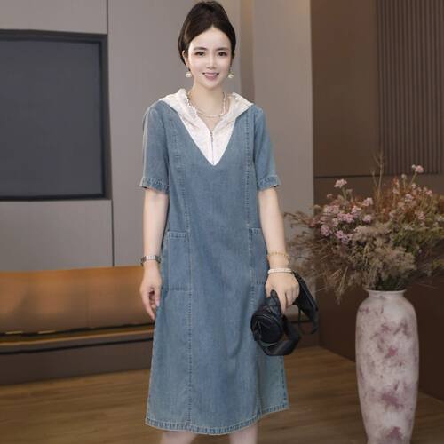 A-5801夏季新款漂亮女士衣服装韩版宽松休闲大码拼接牛仔连衣裙