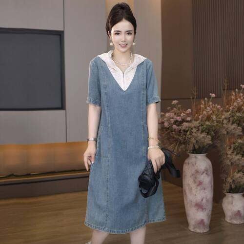 A5801夏季新款气质上班族衣服装韩版宽松休闲大码拼接牛仔连衣裙