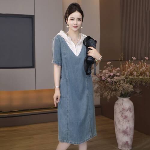 A5801夏季新款潮牌女装衣服装韩版高级感女装洋气拼接牛仔连衣裙