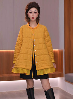 1225胖m中年秋冬棉服立领单排扣网纱荷叶边A字大码妈妈装小棉袄