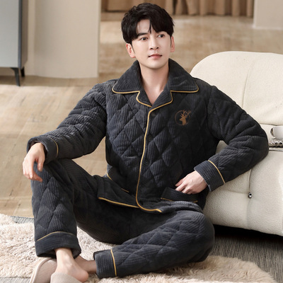 日本MUJIΕ睡衣男士冬季珊瑚绒三层夹棉加厚加绒棉袄保暖冬法兰绒