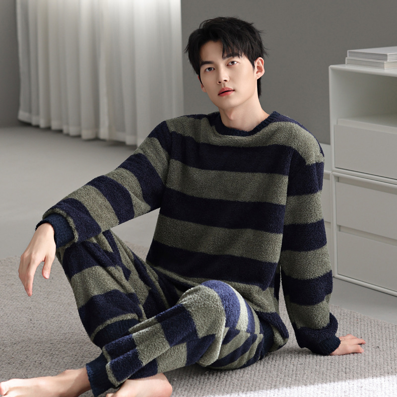 日本MUJIΕ半边绒睡衣男士冬季加厚加绒保暖大码休闲秋冬款珊瑚绒