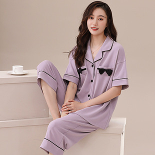 日本MUJIΕ睡衣女款夏季纯棉短袖七分裤薄款开衫女士全棉休闲大码