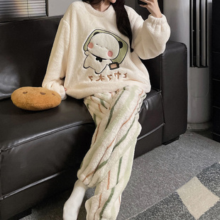 一二布布情侣睡衣女款秋冬季加绒加厚珊瑚绒长毛绒家居服套装男士