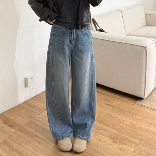 大妍小个子秋冬韩系百搭极简遮肚阔腿裤显瘦高腰弯刀牛仔裤9356