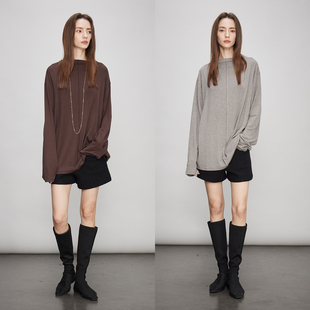 3ONE暖糯舒适极简慵懒宽松长袖 圆领百搭松弛感上衣 内搭T恤女