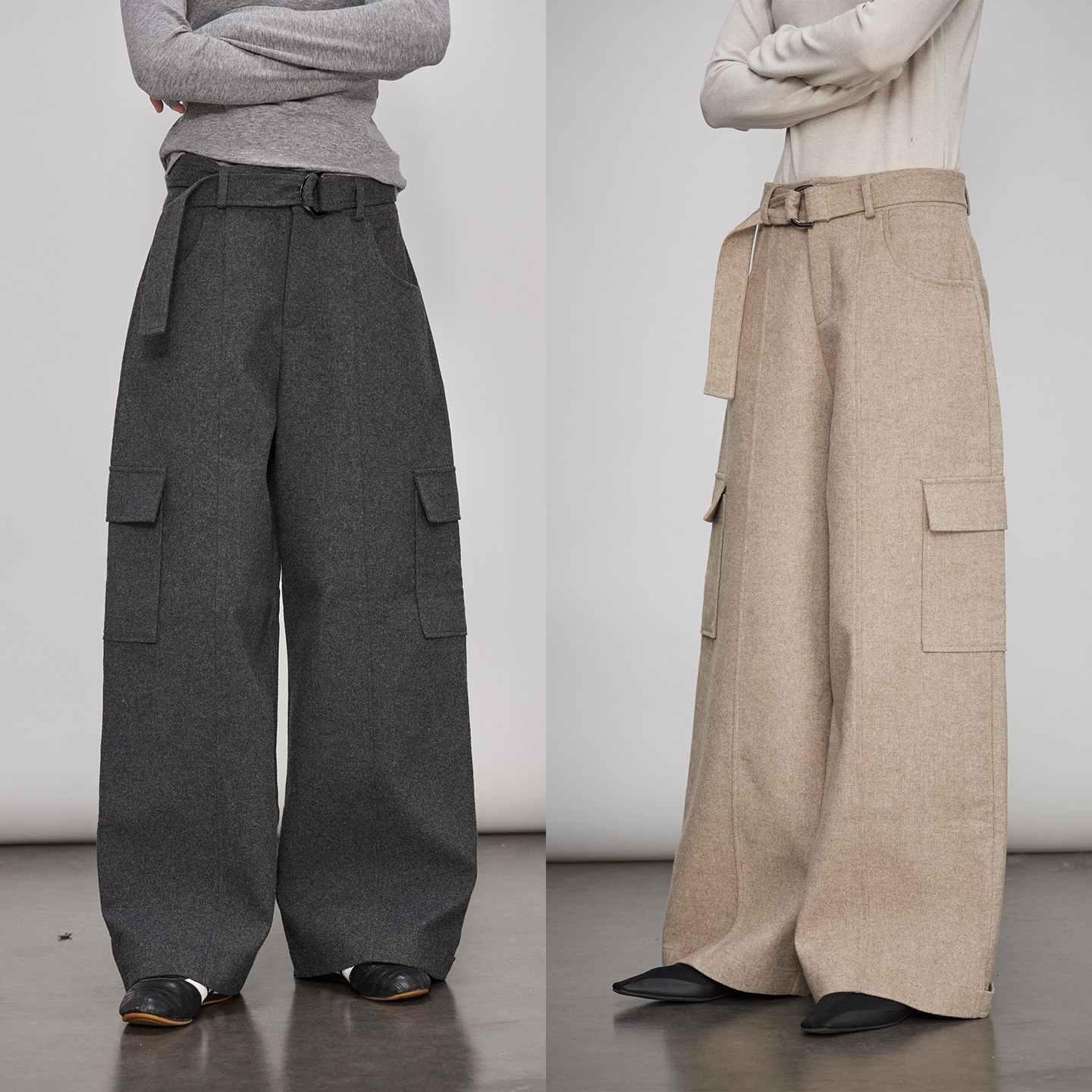 3ONE美式复古工装休闲裤大口袋羊毛呢显瘦高腰直筒阔腿工装裤女