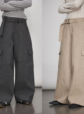 3ONE美式复古工装休闲裤大口袋羊毛呢显瘦高腰直筒阔腿工装裤女