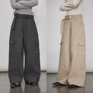 裤 3ONE美式 大口袋羊毛呢显瘦高腰直筒阔腿工装 休闲裤 女 复古工装