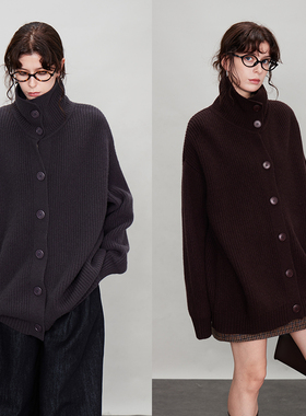 3ONE粗针加厚翻领100绵羊毛单排扣宽松慵懒中长款毛衣外套女